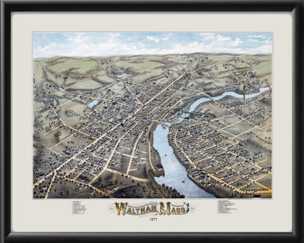 Waltham MA 1877 TM Bird's Eye View Map