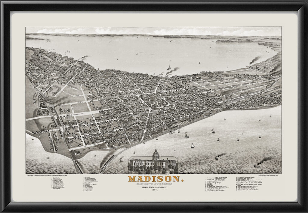 Madison WI 1885 Restored Bird's Eye View Map | Vintage City Maps
