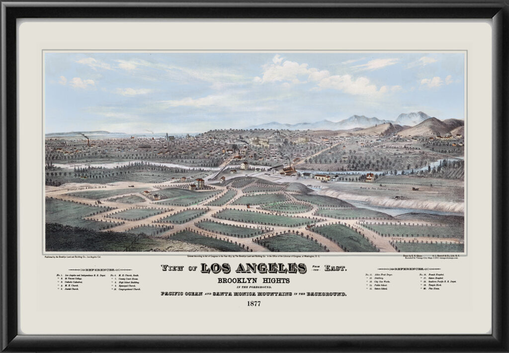 thumbnail interactive-video image 1 of 1877 Los Angeles Vintage Panoramic City Map – 20x30 Reproduction Poster – Old California 1 of 2