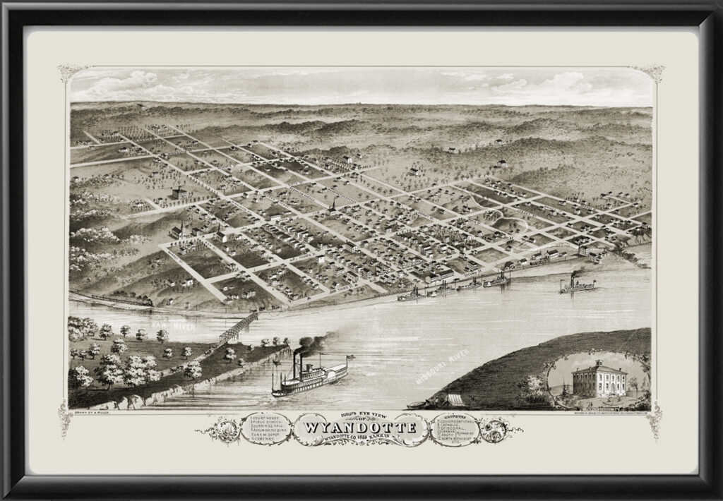 Wyandotte (Kansas City) KS 1869 | Vintage City Maps - Restored Bird's ...