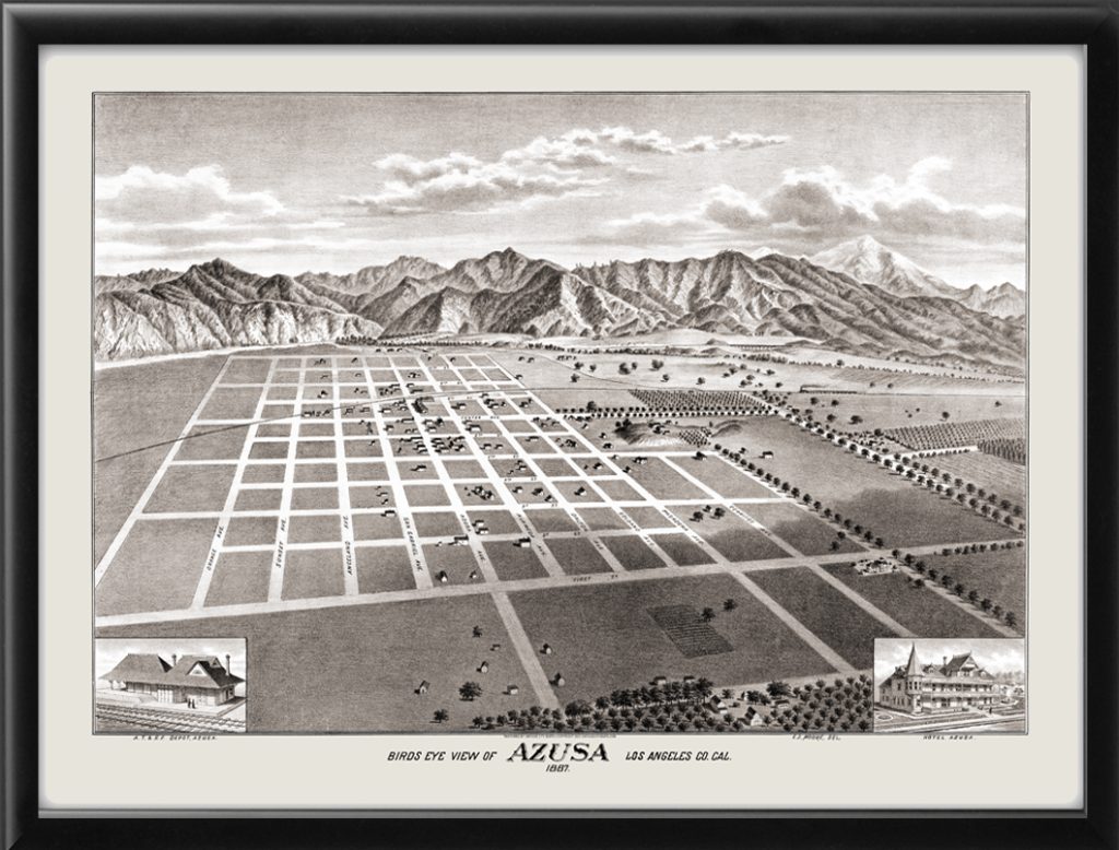 Azusa CA 1887 - Restored Bird's Eye View Map | Vintage City Maps