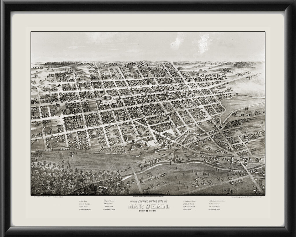 Vintage City Maps - Bird's Eye View of Marshall, Michigan 1868