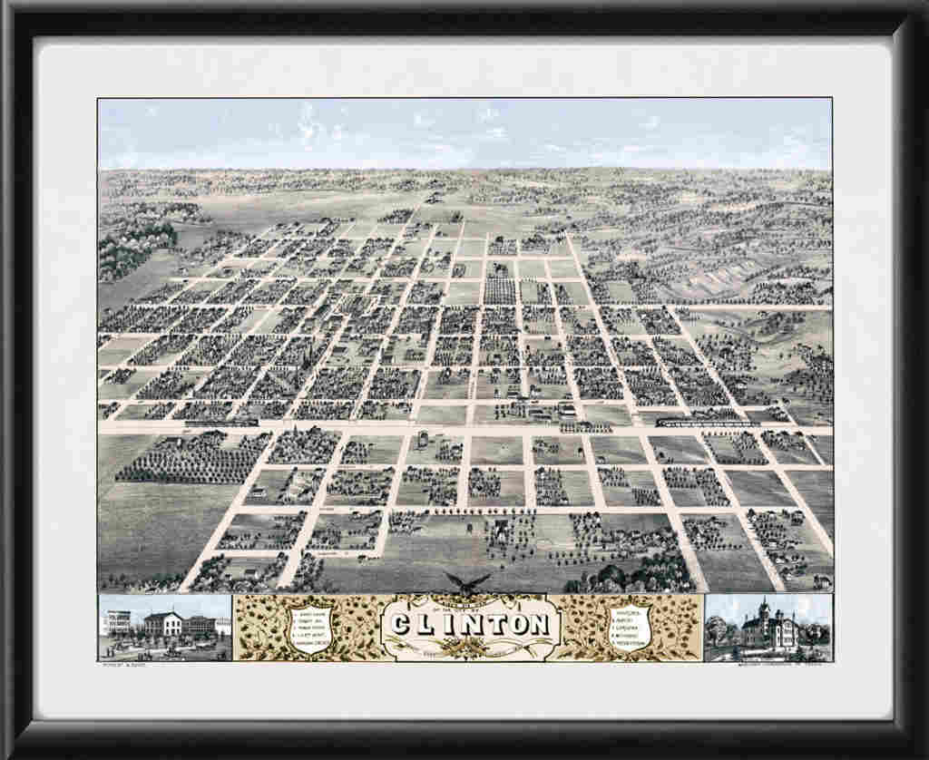 Vintage City Maps - Bird's eye view map of Clinton, Illinois 1869