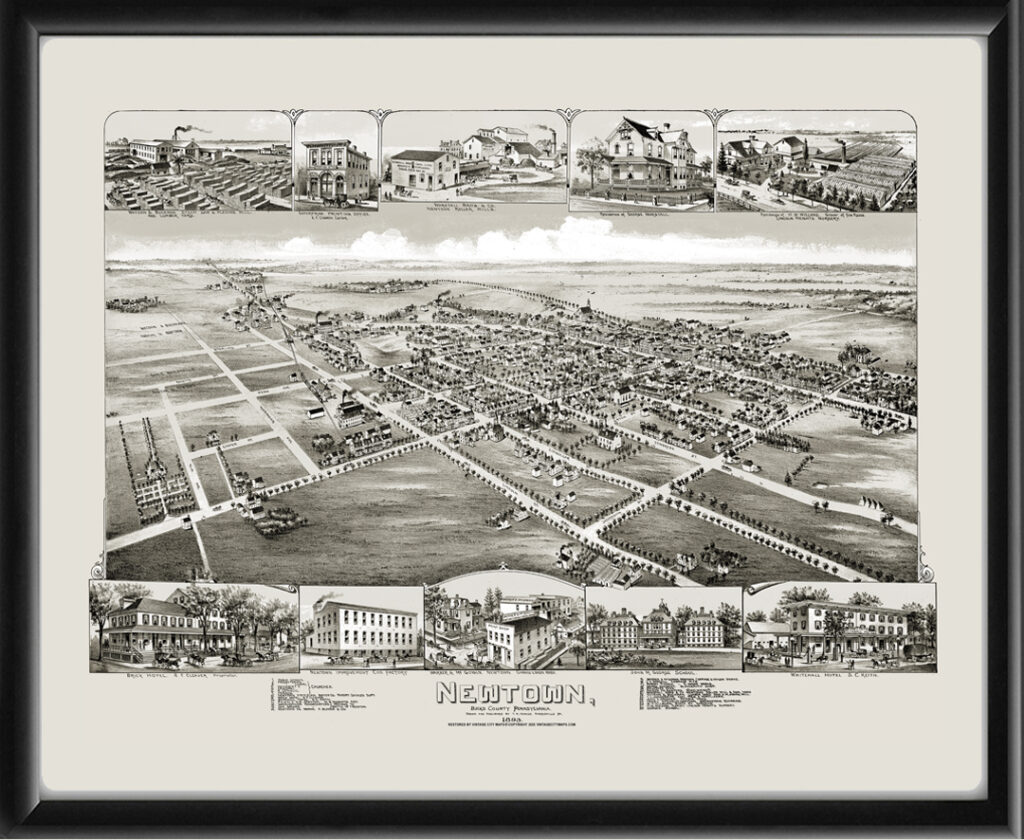 Newtown PA 1893 - Restored Bird's Eye View Map | Vintage
