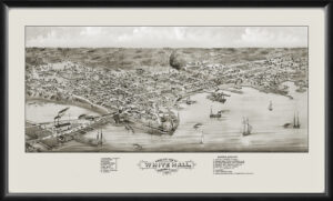 Restored bird's eye view map of Whitehall, Michigan, 1880.