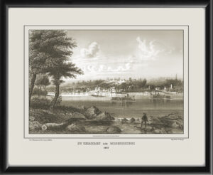 Restored panoramic view of St. Charles, Missouri on the Mississippi River, 1857 published by Hermann Meyer.
