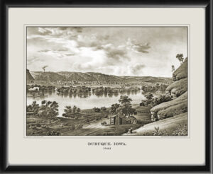 Restored bird's eye view of Dubuque, Iowa, 1844 by John Caspar Wild, viewed from East Dubuque across the Ohio River.