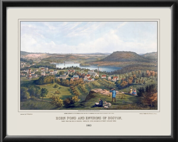 Woburn MA 1863 - View of Horn Pond Bird's Eye View Map