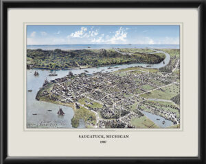 Saugatuck, Michigan 1907 Joseph Warne Restored Birds Eye View Map