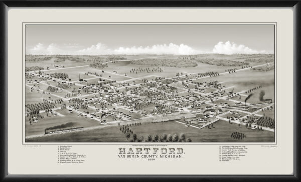 Hartford MI 1880 JJ Stoner Restored Birds Eye View Map