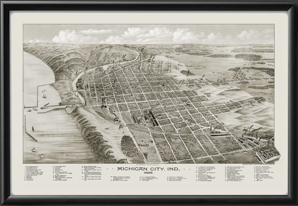 Michigan City IN 1889 Restored Bird S Eye View Map Vintage City Maps Michigan City IN 1889 Beck Pauli TM 1024x710 