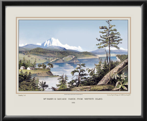 Mt. Baker & Cascade Range from Whidbey Island, WA 1855 Bird's Eye View Map