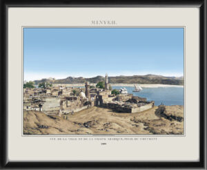 Restored bird's eye view of Minya (Minyeh), Egypt on the Nile River, 1809, showing the city and the Arabian Mountains