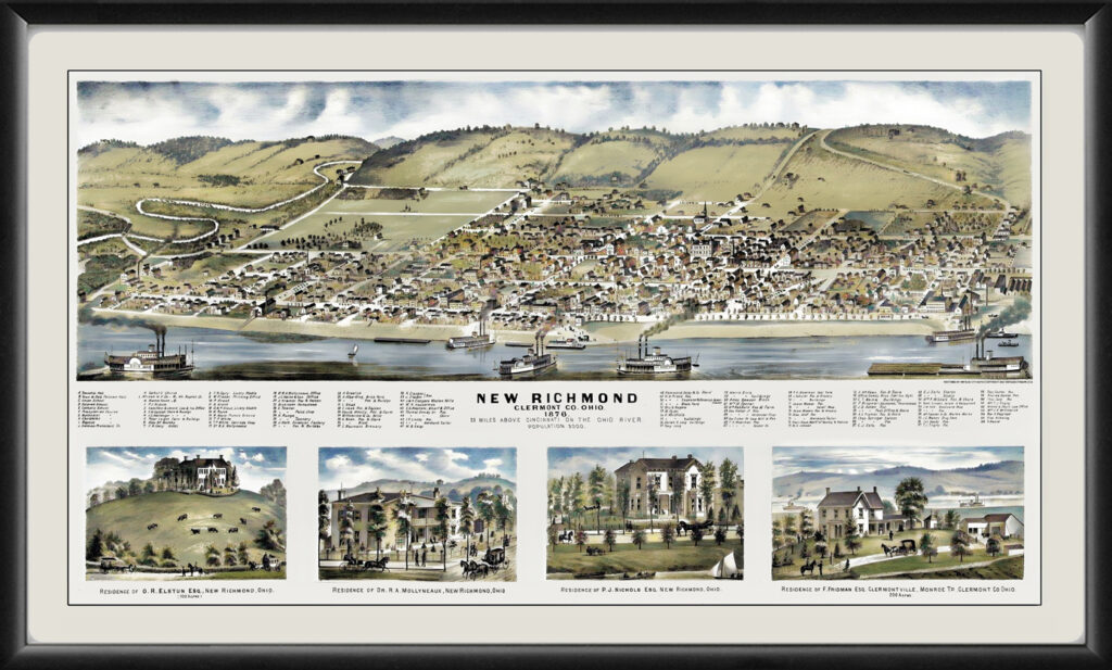 New Richmond OH 1876 (Color) - Restored Bird's Eye View Map | Vintage ...