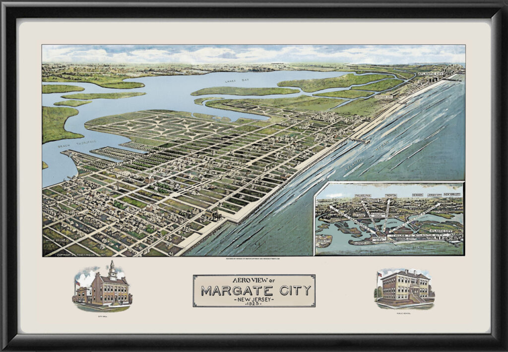 Margate, Atlantic City NJ 1925 (Color) - Restored Bird's Eye View Map ...