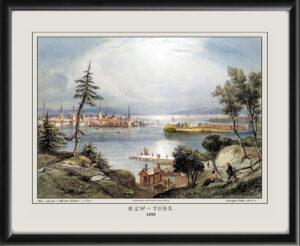 Restored bird's eye view of New York City, 1856 from the original engraving by Conrad Malte-Brun
