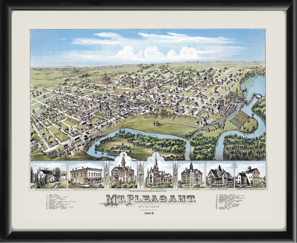 Mt. Pleasant MI, 1884 Restored Bird's Eye View Map