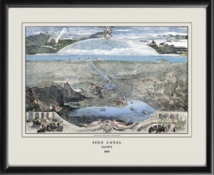 Restored bird's eye view map of the Suez Canal, Egypt, 1865