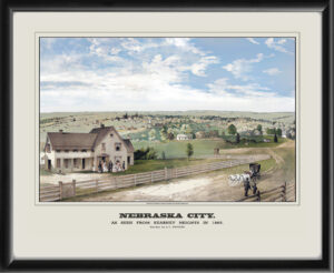 Restored bird's eye view of Nebraska City, Nebraska as seen from Kearney Heights in 1865