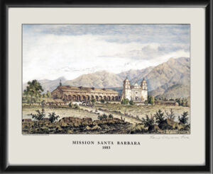 Restored bird's eye view of Mission Santa Barbara, Santa Barbara, California, 1883 by Henry Chapman Ford.