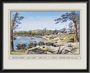 Restored bird's eye view of Western Shores of Lake Tahoe, Tahoe City, and the mouth of the Truckee River, 1865 by Edward Vischer