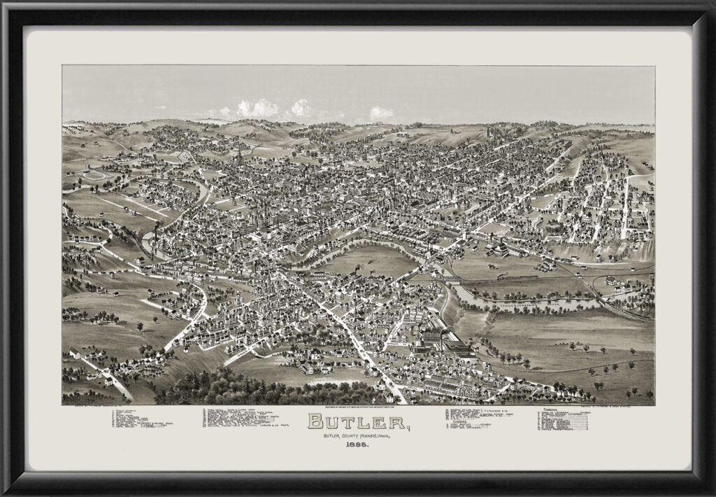 Butler PA 1896 - Restored Bird's Eye View Map | Vintage City Maps
