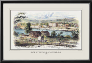 Restored bird's eye view of Oswego, New York, 1852 from the original engraving by John Manning, published in "Gleason's Pictorial Drawing Room Companion"
