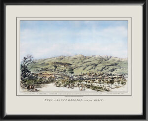 Restored panoramic view of Santa Barbara, California from the beach, 1865, showing The Presidio and Ex-Mission, by Edward Vischer