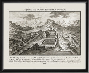 View of Moravian missionary settlement at New Hernnhut (Nuuk) Greenland 1767 David Cranz