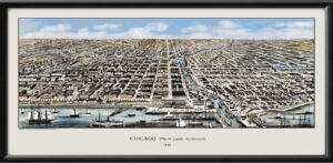 Restored panoramic bird's eye view of Chicago, Illinois from Lake Michigan, 1883