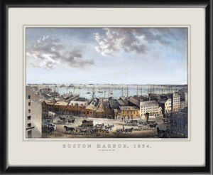 Restored bird's eye view of Boston Harbor, in Boston, Massachusetts as viewed from Fort Hill, 1854