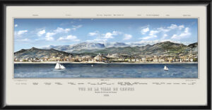 Restored panoramic view of the town of Cannes, France, 1866, from the original illustration by Victor Petit, published for the Société de l'Avenir de Cannes