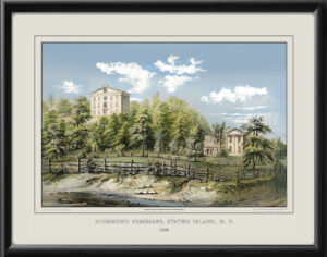 Restored bird's eye view of Richmond Seminary on Staten Island, New York, 1848