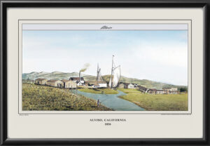 Restored panoramic view of Alviso (now part of San Jose), California, from the original sketch by Henry Miller, 1856.