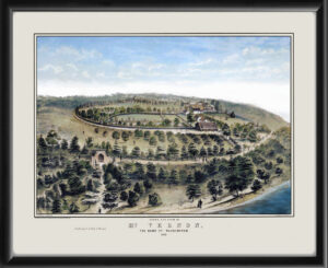 Restored bird's eye view map of Mt. Vernon, Virginia, home of George Washington, 1852 from the original engraving by John Cameron.