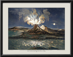 Restored panoramic view of the eruption of Mount Vesuvius in 1769, Naples, Italy from the original 1808 engraving