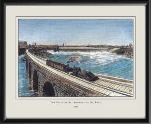 St. Anthony MN 1891 View of the Falls of St Anthony and the Stone Arch Bridge-1891 Northern Pacific Railroad Richard Lovett built in 1883