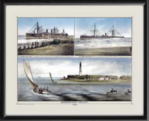 Barnegat Inlet NJ 1878 by Theodore F. Rose and H. C. Woolman showing stranded steamships Amerique and Rusland